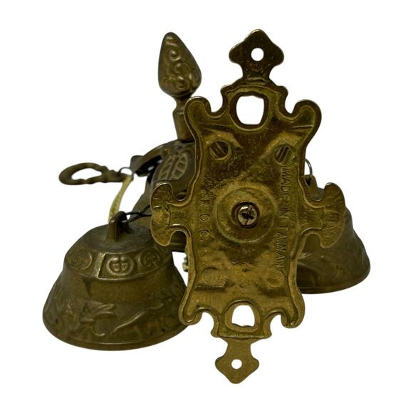 Brass Wall-Mounted Triple Bell Set Ornate Design Chain Pull Vintage Monastery - Picture 11 of 16